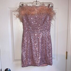 Boa Feather Sequin Strapless Sleeveless Mini Dress Pink sz Small